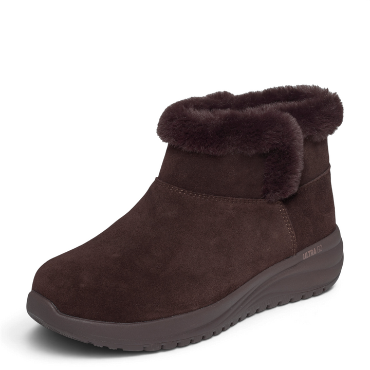 ada-shoes.ro Skechers On-the-GO Joy dark brown suede winter boots with faux fur trim and ULTRA GO cushioning