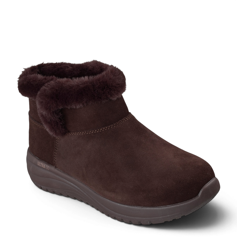 ada-shoes.ro Skechers On-the-GO Joy dark brown suede winter ankle boots with faux fur trim and ULTRA GO cushioning