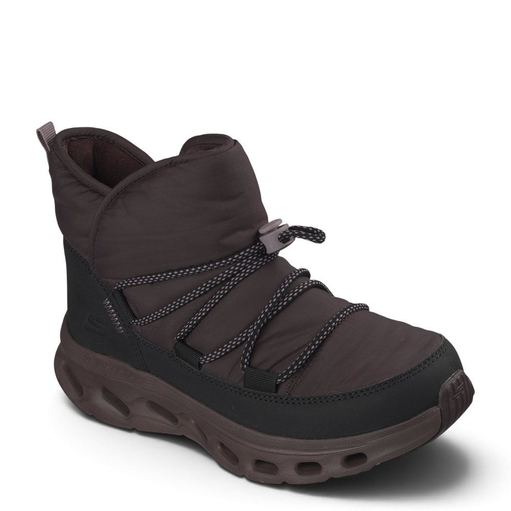 ada-shoes.ro Skechers Glide Step puffer boots in brown and black with bungee toggle closure and geometric sole