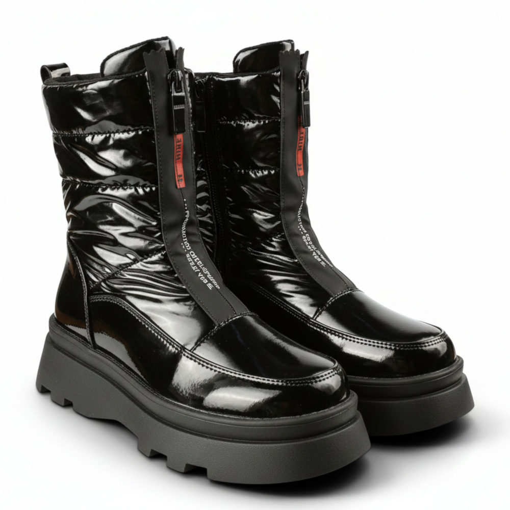 ada-shoes.ro Feeling black faux leather casual boots with quilted texture, front zipper, and chunky platform sole.