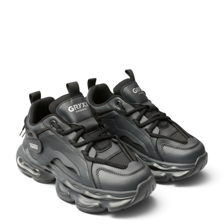 ada-shoes.ro Gryxx F7801-G black chunky sneakers with mesh and synthetic leather panels and thick cushioned soles