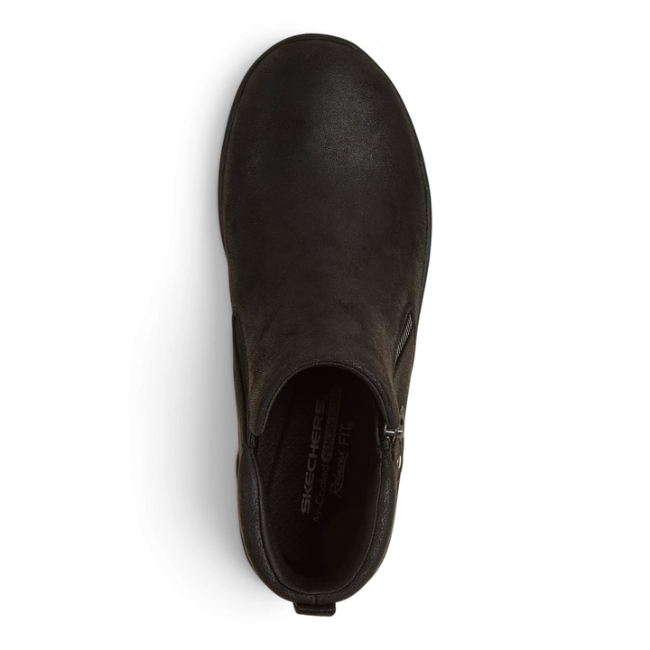 Top view of black Skechers On-the-GO Joy ankle boots from ada-shoes.ro featuring microfiber upper and side zipper.