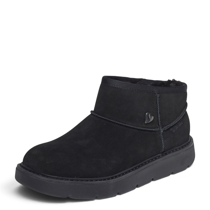 ada-shoes.ro Skechers black suede mini winter boots with faux fur lining, heart charm, and slip-in technology.