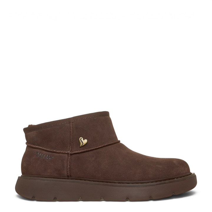 ada-shoes.ro Skechers Hands Free Slip-ins chocolate brown suede mini bootie with gold heart detail and fur lining