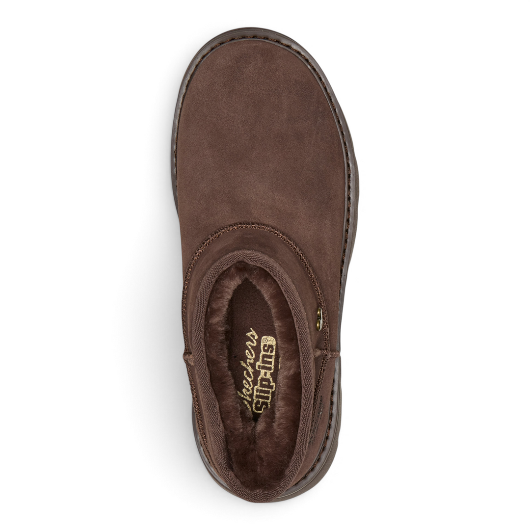 ada-shoes.ro Skechers Keepsakes brown suede slip-in ankle boot with plush faux fur lining, top-down view