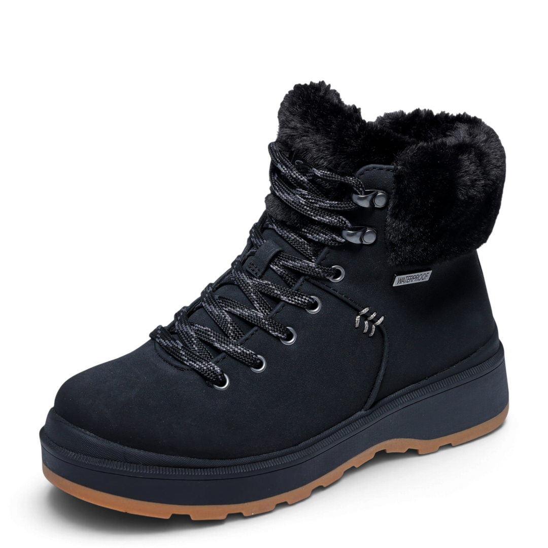 ada-shoes.ro Skechers Easy Going waterproof winter boots in black with faux fur collar and brown gum sole
