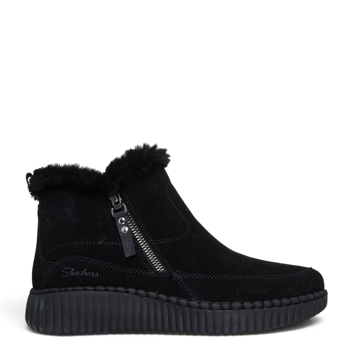 ada-shoes.ro Skechers Keeping Sweet black suede winter boots with faux fur collar, side zipper, and thick rubber sole