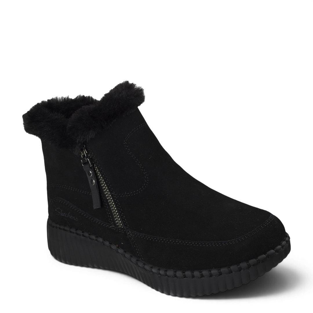 Skechers Keeping Sweet black suede winter boots with faux fur collar, side zipper, and Memory Foam from ada-shoes.ro