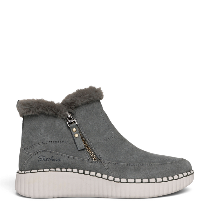 ada-shoes.ro Skechers Keeping Sweet olive suede winter boots with faux fur collar, side zipper, and white platform sole
