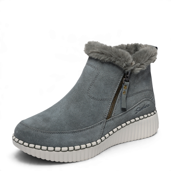 ada-shoes.ro Skechers Keeping Sweet olive suede winter boots with faux fur collar, side zipper, and white platform sole
