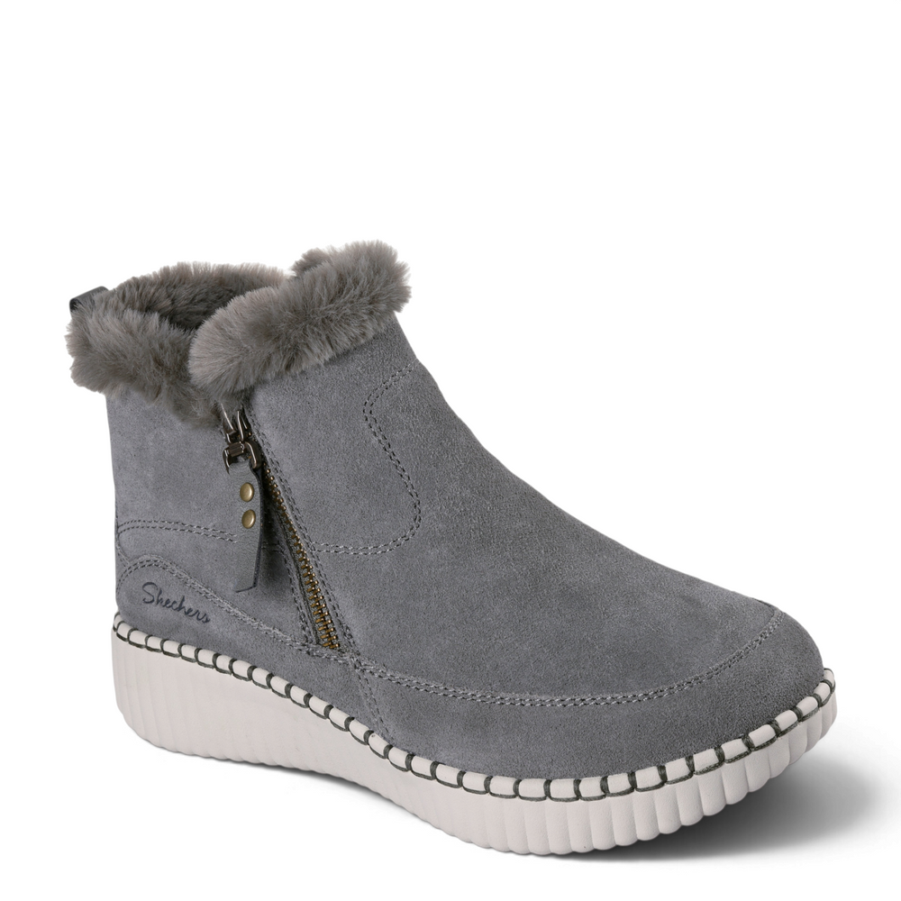 ada-shoes.ro Skechers Keeping Sweet olive grey suede winter bootie with faux fur collar and side zipper