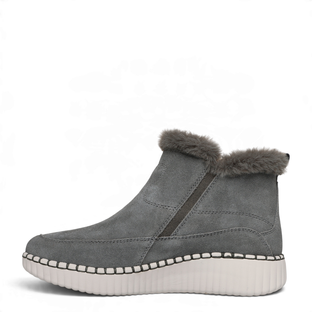 ada-shoes.ro Skechers Keeping Sweet olive grey suede winter boots with faux fur trim and white platform sole