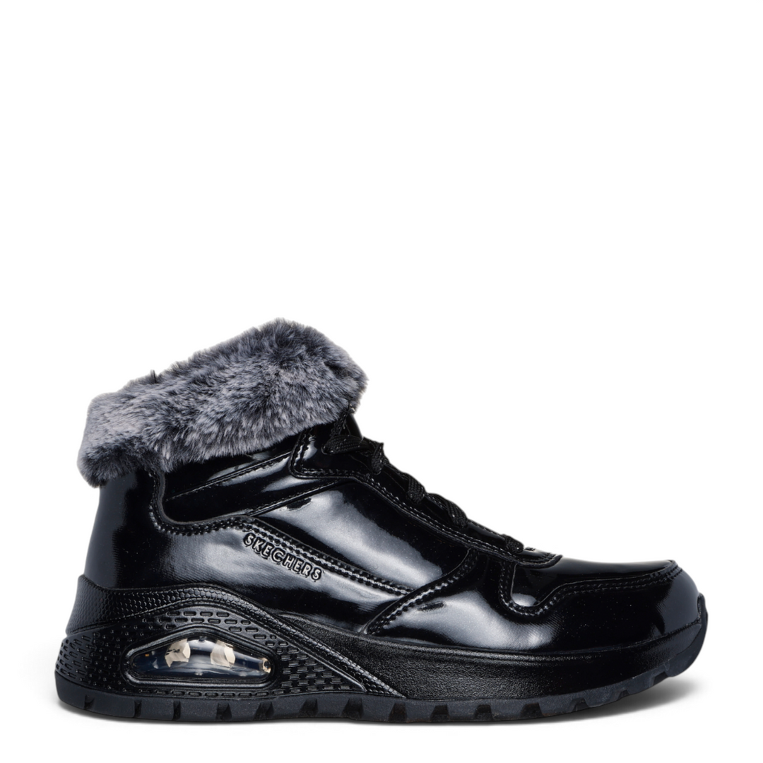 ada-shoes.ro Skechers Uno black patent faux leather winter sneaker boots with grey faux fur collar and air cushion