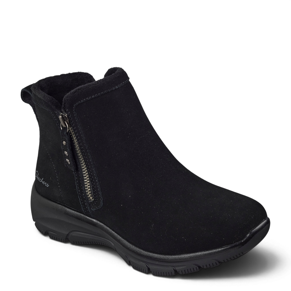 ada-shoes.ro Skechers Glide-Step black suede ankle boots with side zipper, metal studs, and cushioned memory foam sole.