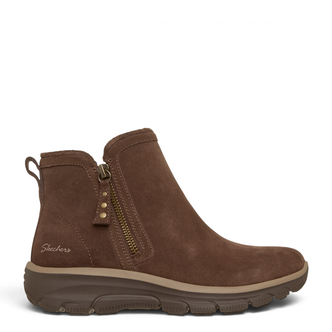 ada-shoes.ro Skechers Glide-Step chocolate brown suede ankle boots with side zipper and gold stud detail