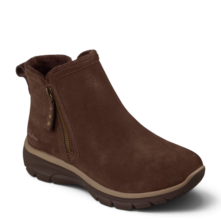 ada-shoes.ro Skechers Glide-Step Cozy Step chocolate brown suede ankle boots with side zipper and warm lining