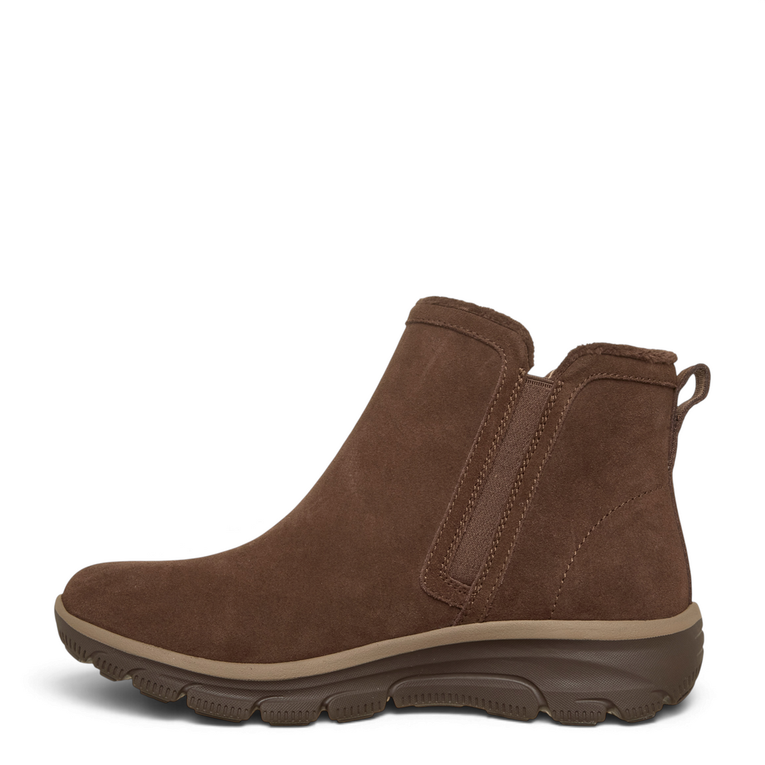 ada-shoes.ro Skechers Glide-Step Cozy Step chocolate brown suede ankle boots with side zipper and flexible sole