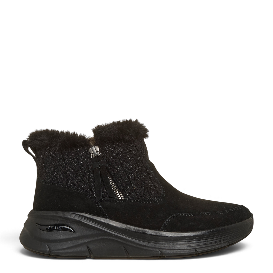 ada-shoes.ro Skechers Arch Fit black suede ankle boots with faux fur collar and side zipper for women