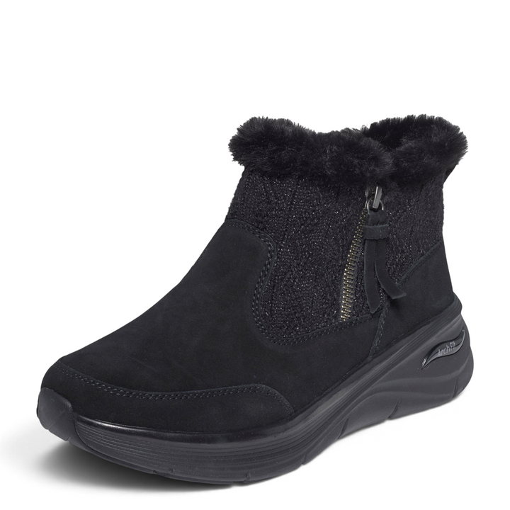 ada-shoes.ro Skechers Arch Fit black suede ankle boots with faux fur collar, side zipper, and cushioned sole