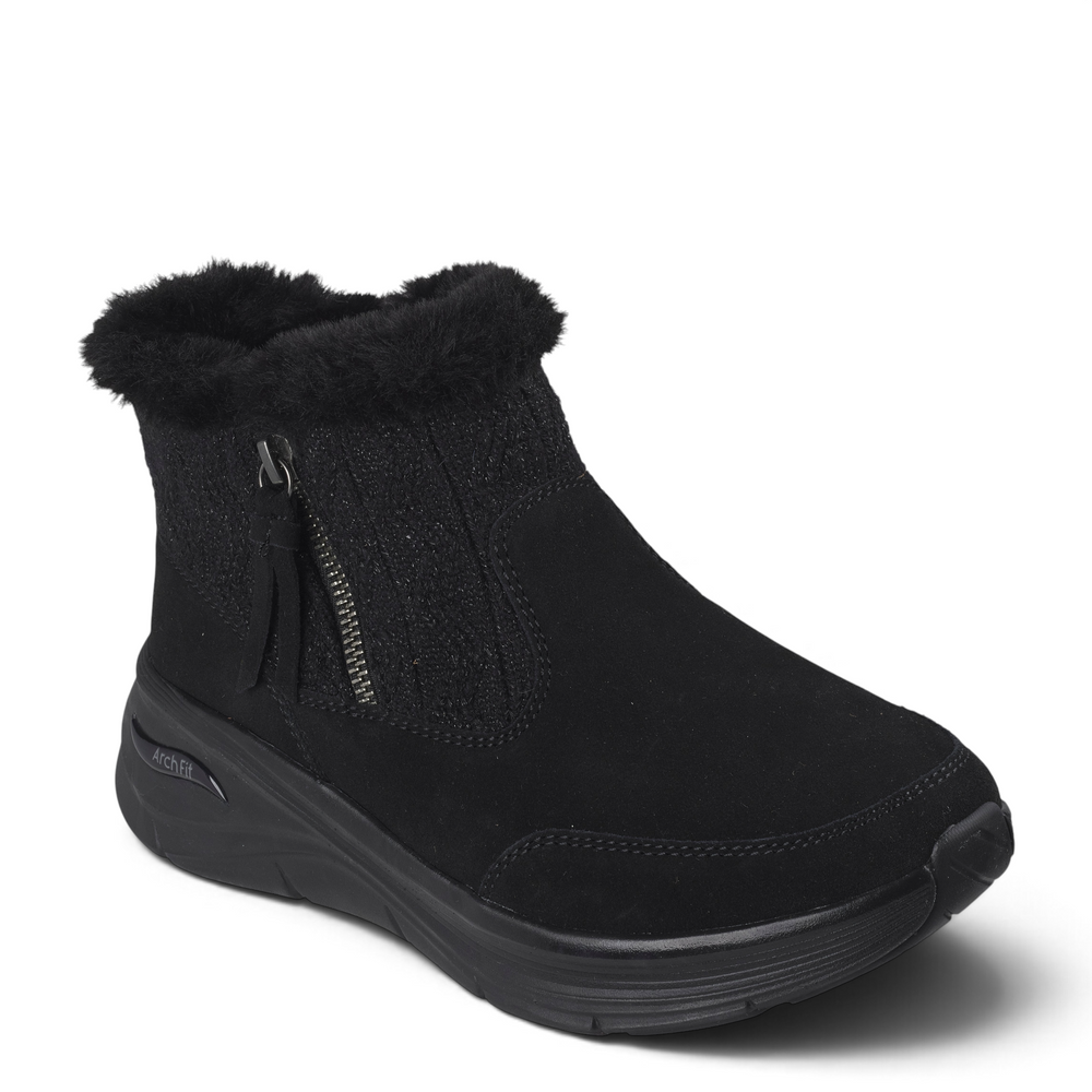 ada-shoes.ro Skechers Arch Fit black suede winter ankle boots with faux fur collar and side zipper detail