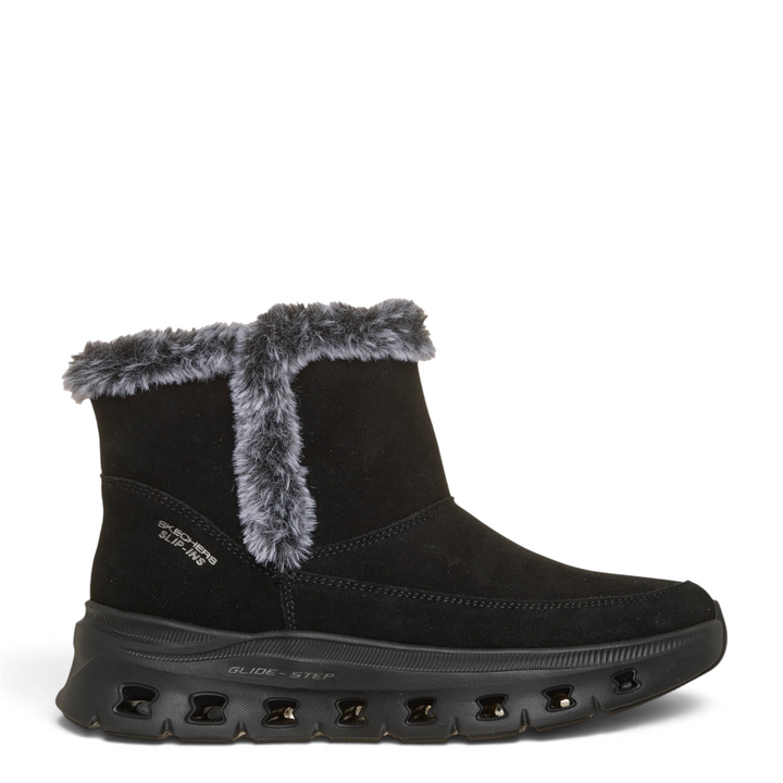 ada-shoes.ro Skechers Glide-Step Pro black slip-in ankle boot with faux fur trim and cushioned geometric sole