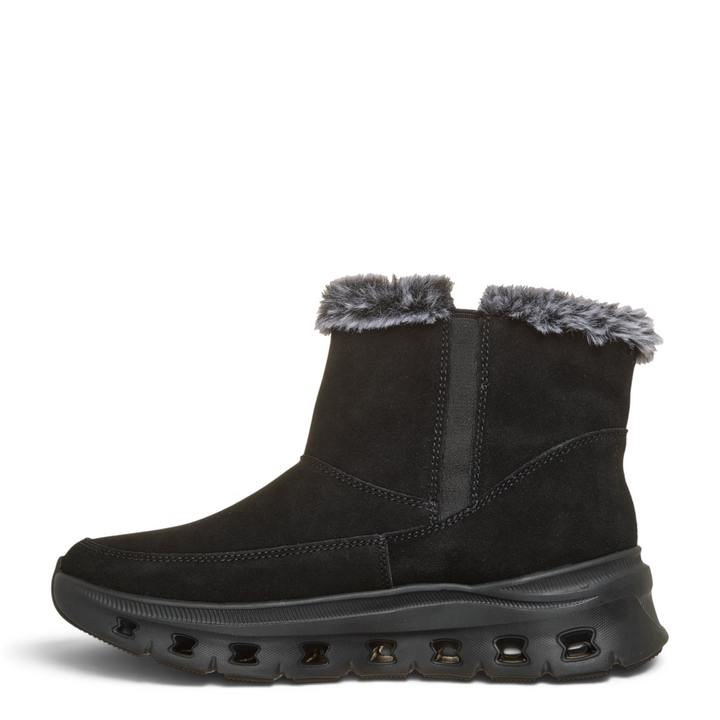 ada-shoes.ro Skechers Glide-Step Pro black suede ankle boot with faux fur trim and cushioned athletic sole