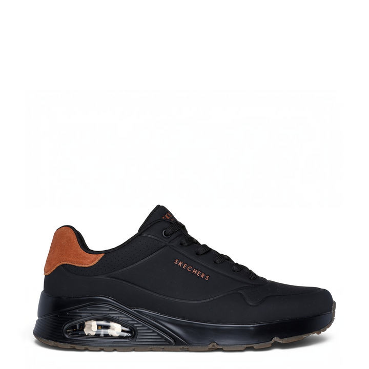 ada-shoes.ro Skechers Uno Suited black sneakers with Durabuck upper, suede heel detail, and visible Skech-Air sole