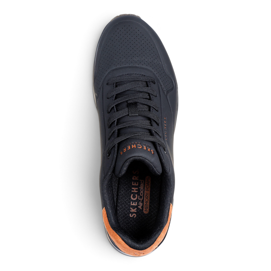 ada-shoes.ro Skechers Uno Suited black sneakers with textured Durabuck, suede heel detail, and memory foam insole