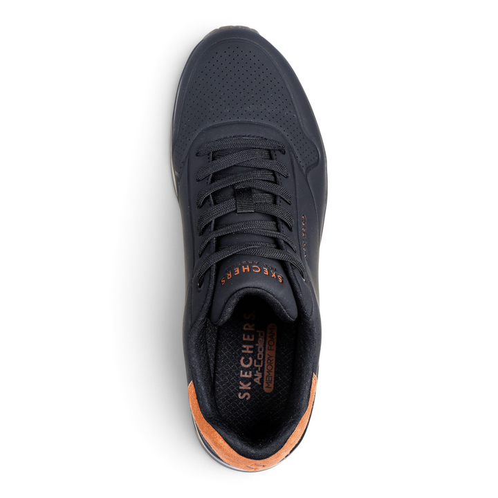 ada-shoes.ro Skechers Uno Suited black sneakers with textured Durabuck, suede heel detail, and memory foam insole
