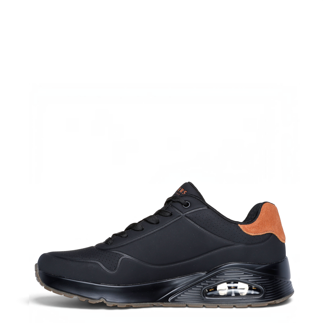 ada-shoes.ro Skechers Uno Suited black sneakers with Durabuck upper, suede heel detail, and visible air-cushion sole