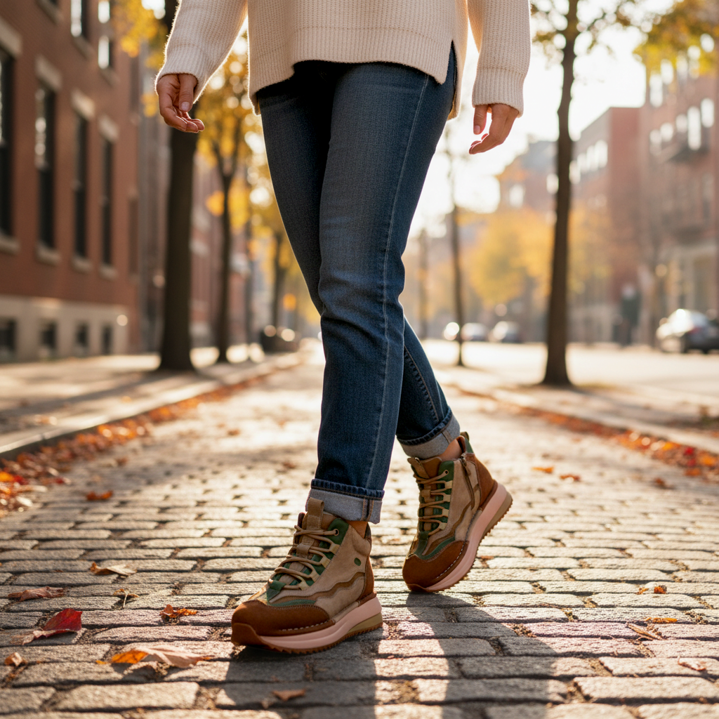 ada-shoes.ro multicolor nubuck leather boots with thick soles worn with jeans on a cobblestone street in autumn