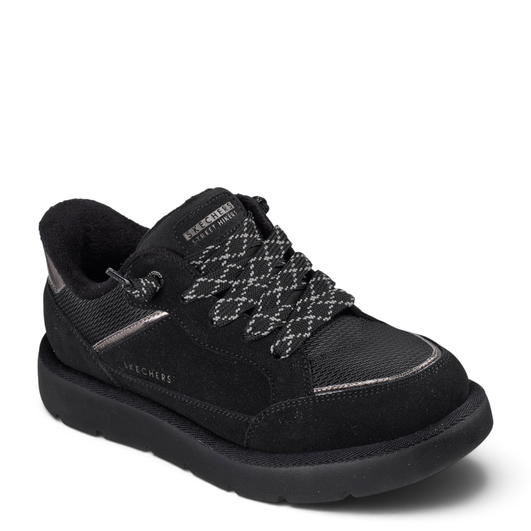 ada-shoes.ro Skechers Keepsakes black suede hiker sneakers with slip-in design, memory foam, and chenille lining.