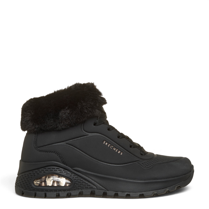 ada-shoes.ro Skechers Uno Rugged black synthetic leather boots with faux fur collar and rose gold logo details