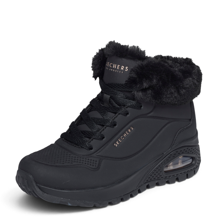 ada-shoes.ro Skechers Uno Rugged black winter boots with faux fur collar, rose gold details, and Skech-Air sole.