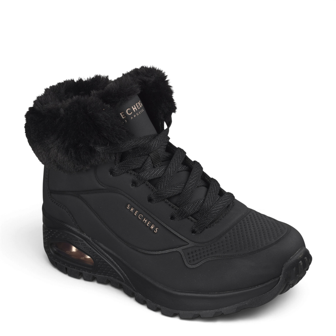 ada-shoes.ro Skechers Uno Rugged black synthetic leather boots with faux fur collar and rose gold logo details