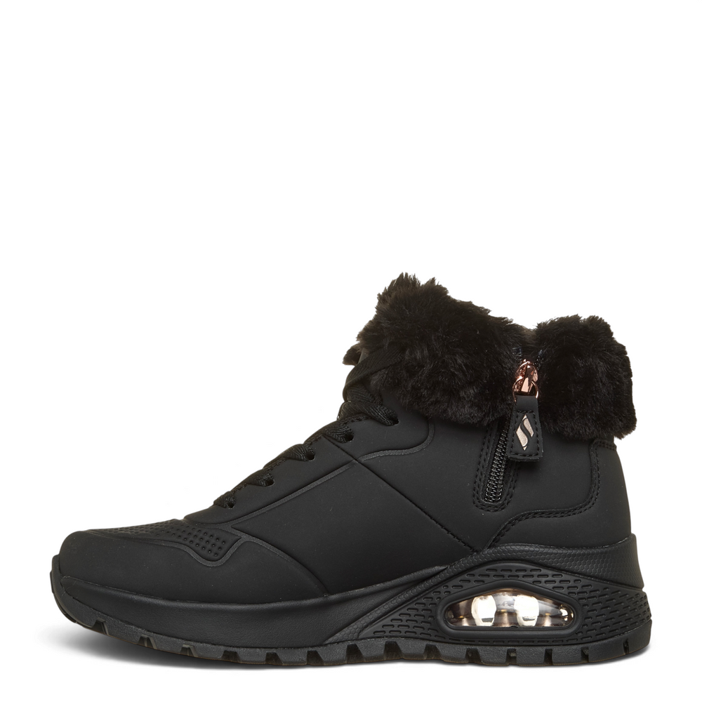 ada-shoes.ro Skechers Uno Rugged black synthetic leather winter boots with faux fur collar and rose gold zipper detail