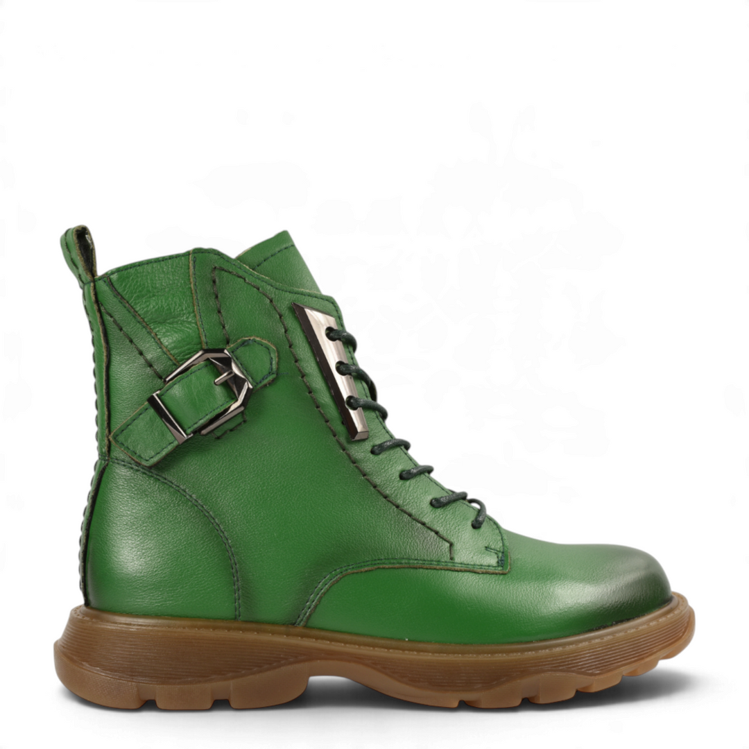 ada-shoes.ro green leather ankle boots with side buckle, metallic eyelet detail, and thick honey-colored sole