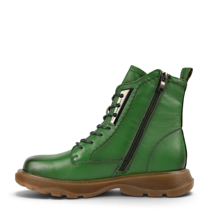 ada-shoes.ro green leather ankle boots with side zipper, lace-up front, metallic detail, and thick honey-colored sole