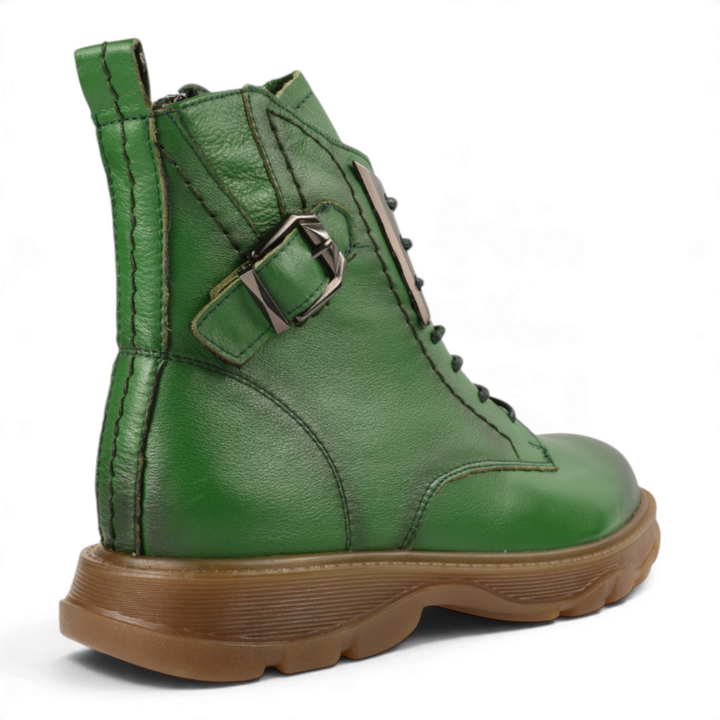 ada-shoes.ro green leather ankle boots with side buckle, metallic details, and thick honey-colored sole
