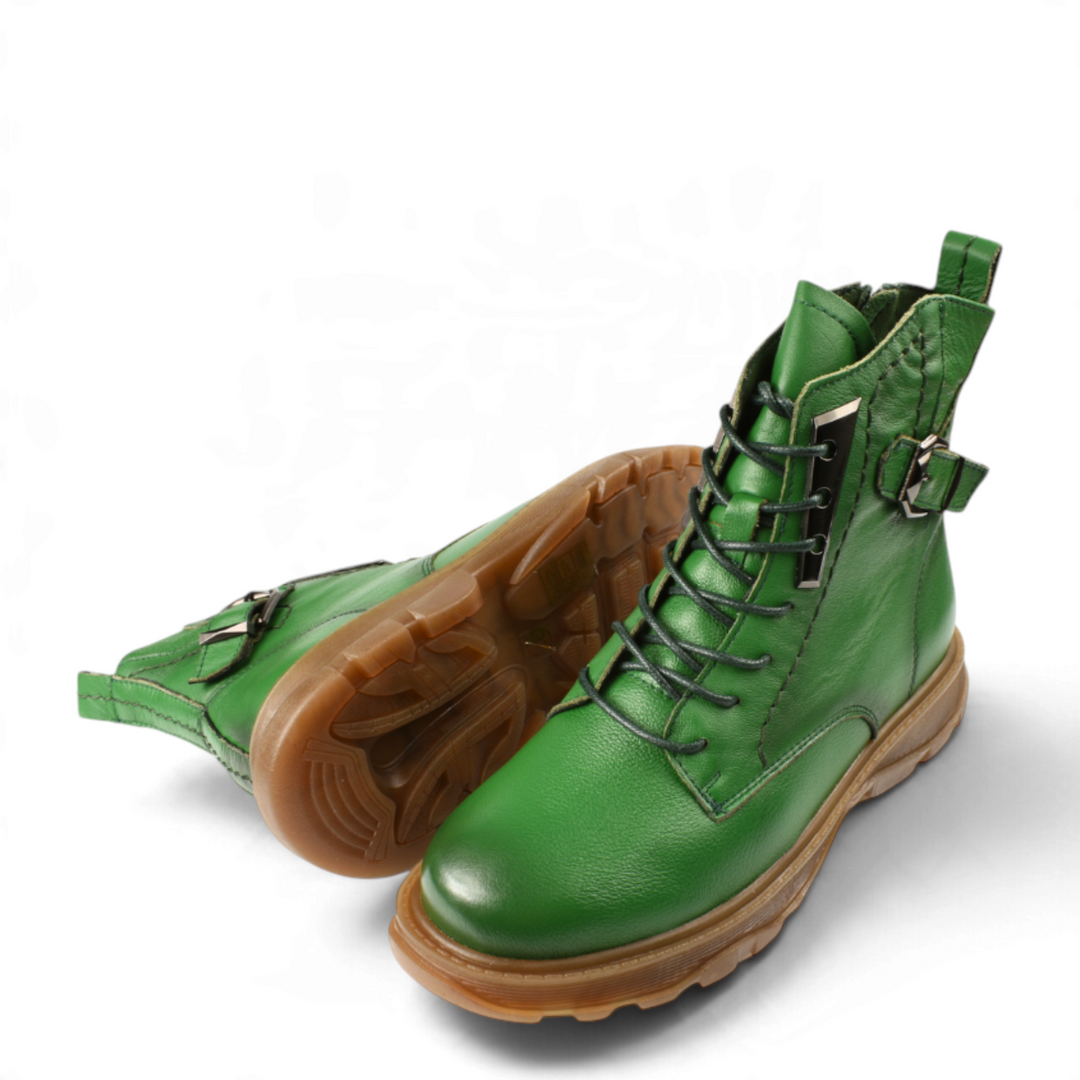 ada-shoes.ro green leather ankle boots with lace-up front, side buckle strap, and thick honey-colored rubber sole
