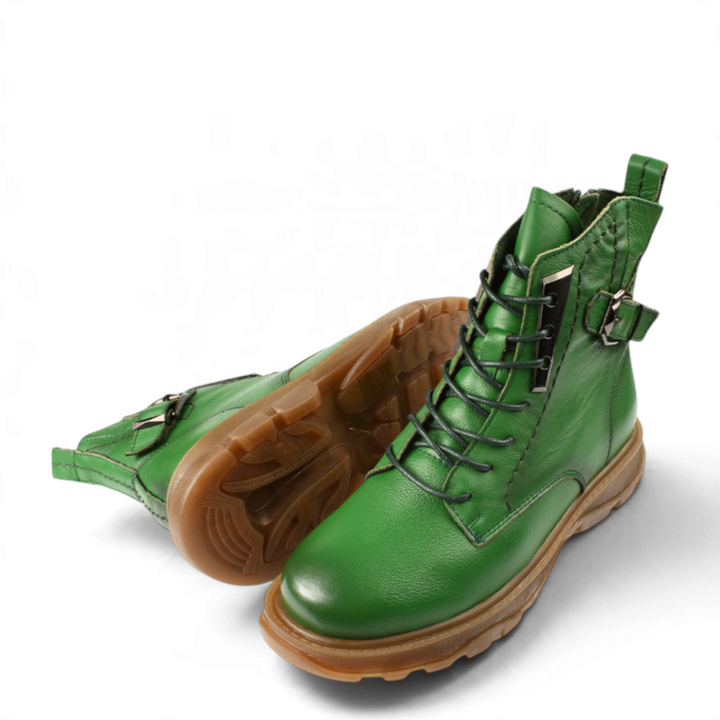 ada-shoes.ro green leather ankle boots with lace-up front, side buckle strap, and thick honey-colored rubber sole