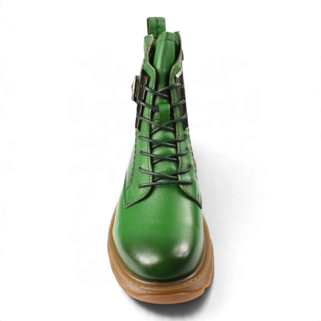 ada-shoes.ro green leather lace-up boots with buckle detail and thick honey-colored sole, front view