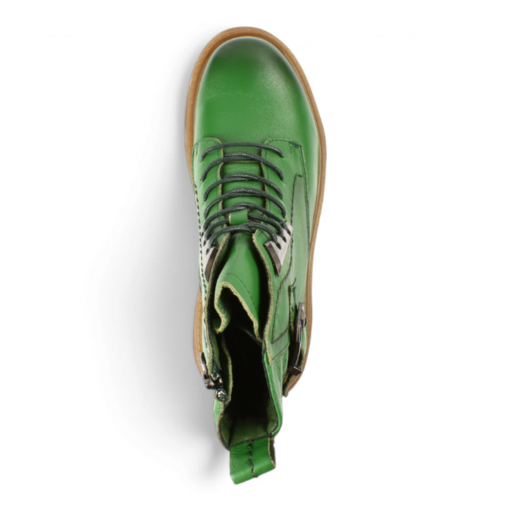 Top view of green leather Ada Shoes 1935-V boots with lace-up front, side buckle, and thick honey-colored sole.