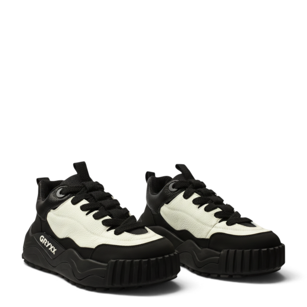 ada-shoes.ro Gryxx black and white leather sneakers with thick rubber soles and lace-up closure for casual wear