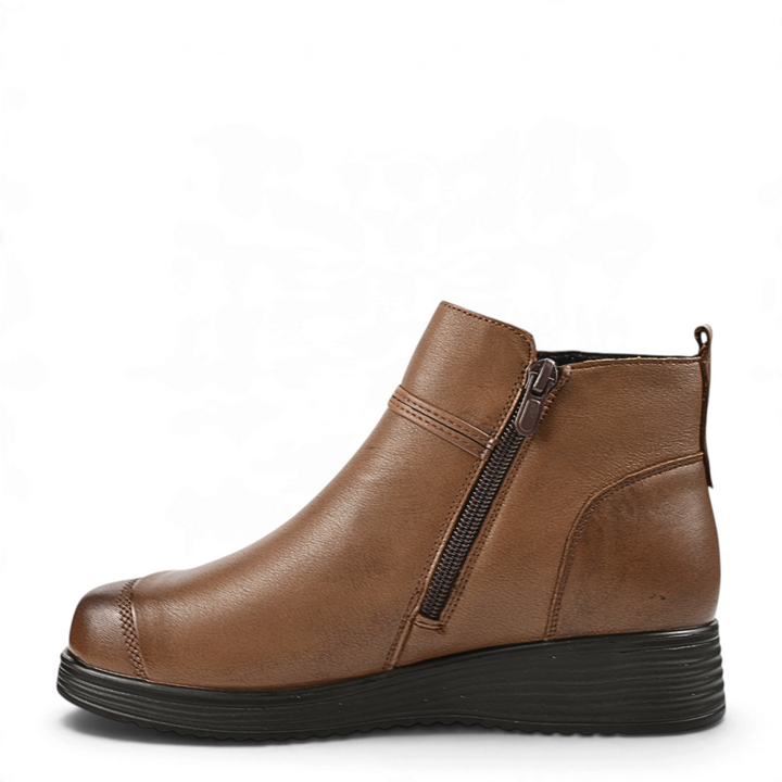 ada-shoes.ro brown leather casual ankle boots with side zipper and 3.5 cm wedge sole