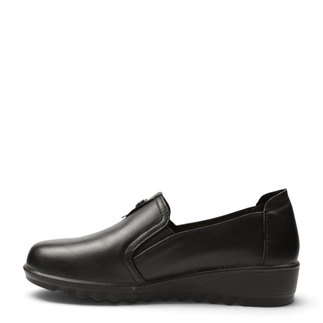 ada-shoes.ro Pass Collection black leather casual slip-on shoes with a low wedge heel and side elastic gussets