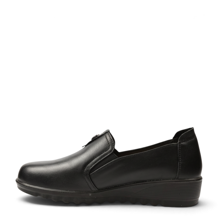 ada-shoes.ro Pass Collection black leather casual slip-on shoes with a low wedge heel and side elastic gussets