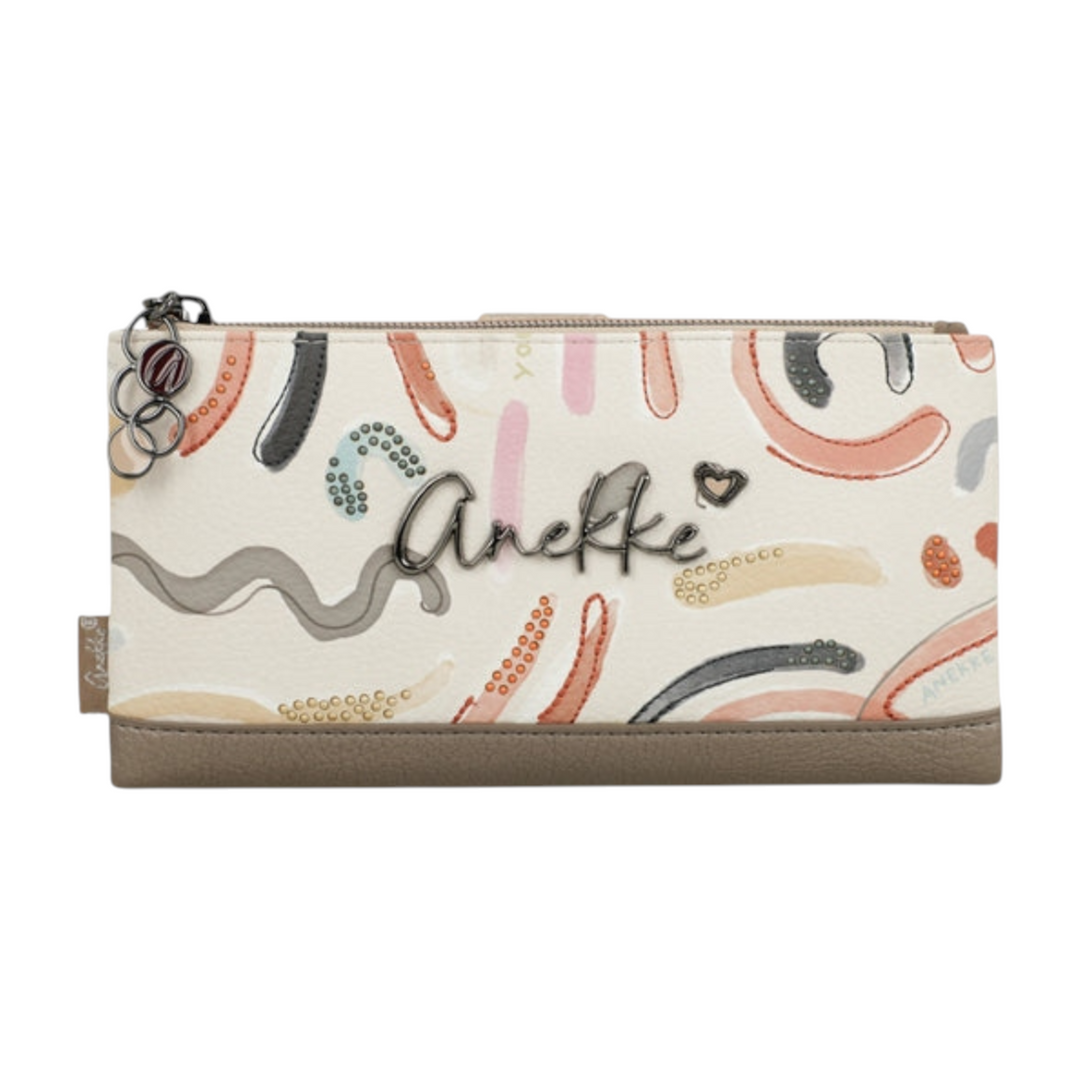 ada-shoes.ro Anekke beige faux leather wallet with abstract colourful patterns and metal logo detail