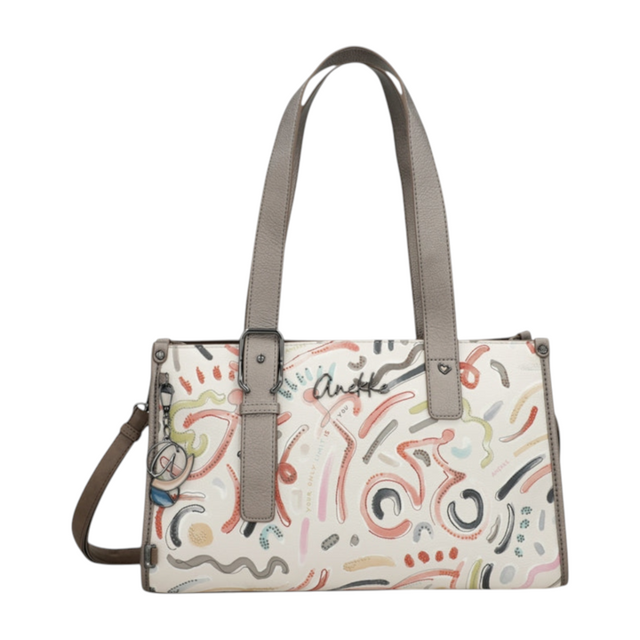 ada-shoes.ro Anekke beige faux leather casual handbag with artistic abstract print and dual carry handles