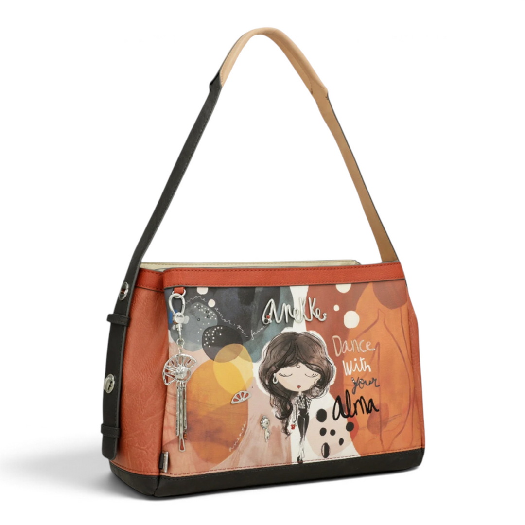 ada-shoes.ro Anekke shoulder bag in terracotta and beige faux leather with artistic illustration and metal charm